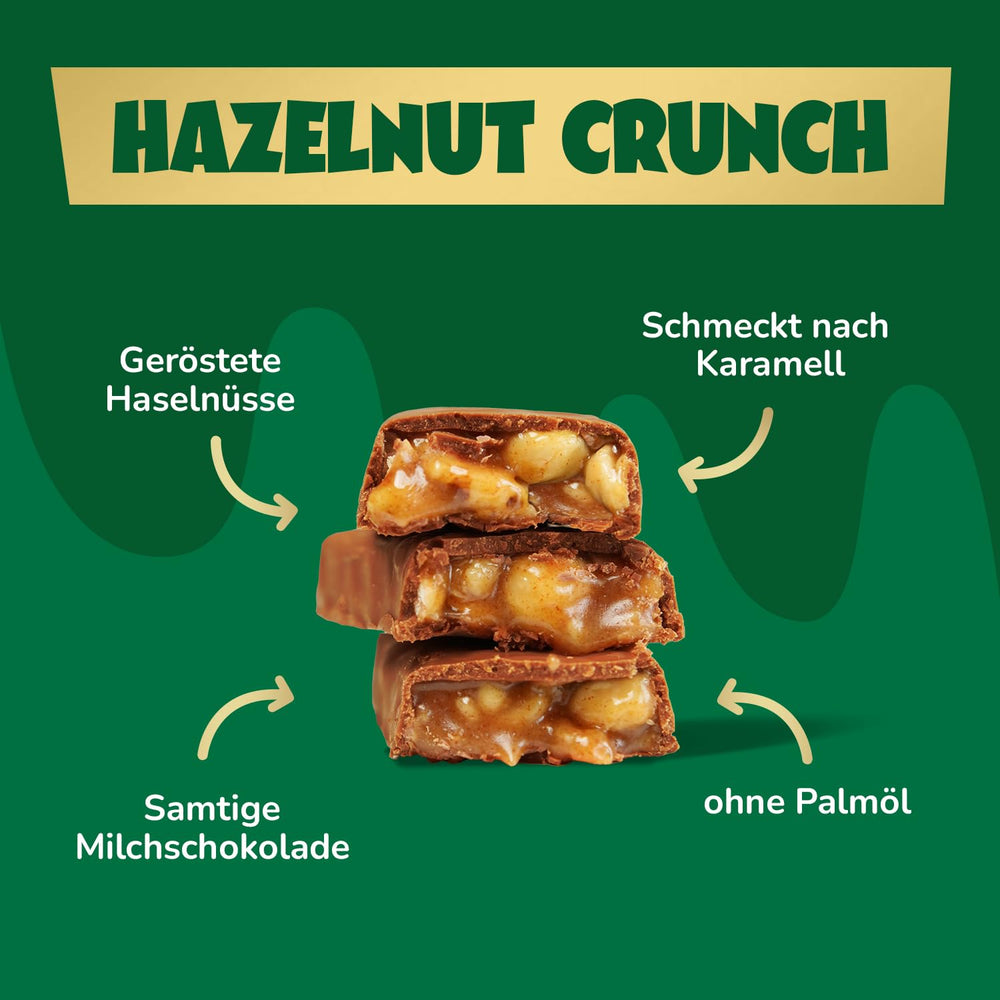 Karamell mogyorós csokoládé szeletek előtt | 12 tábla csokoládé x 35 g hozzáadott cukor nélkül | 1,9 g cukor rúdonként | Ropogós mogyoró és karamell íz | Alacsony szénhidráttartalmú édességek | Nincs pálmaolaj