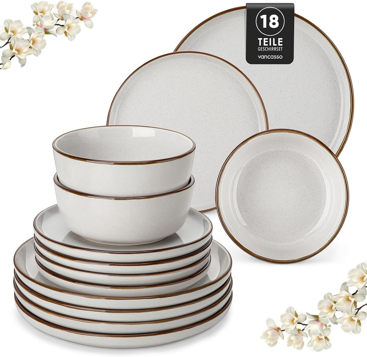 Set de veselă din gresie pentru 6 persoane, Vancasso LOIRE, serviciu de cină cu 18 piese pentru 6 persoane, gri modern, include bol, farfurie de desert și farfurie de cină, potrivit pentru cuptorul cu microunde și mașina de spălat vase