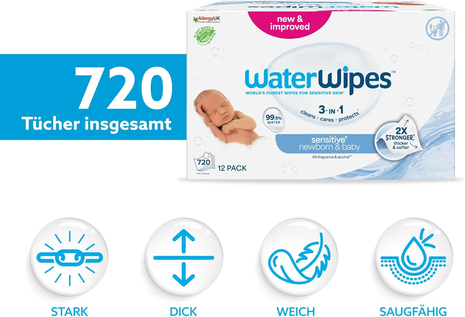 WaterWipes Sensitive+ Nedves törlőkendő újszülötteknek és babáknak, 720 darab (12 csomag), 3 az 1-ben tisztítás, ápolás, védelem, 99,9% víz, illatmentes