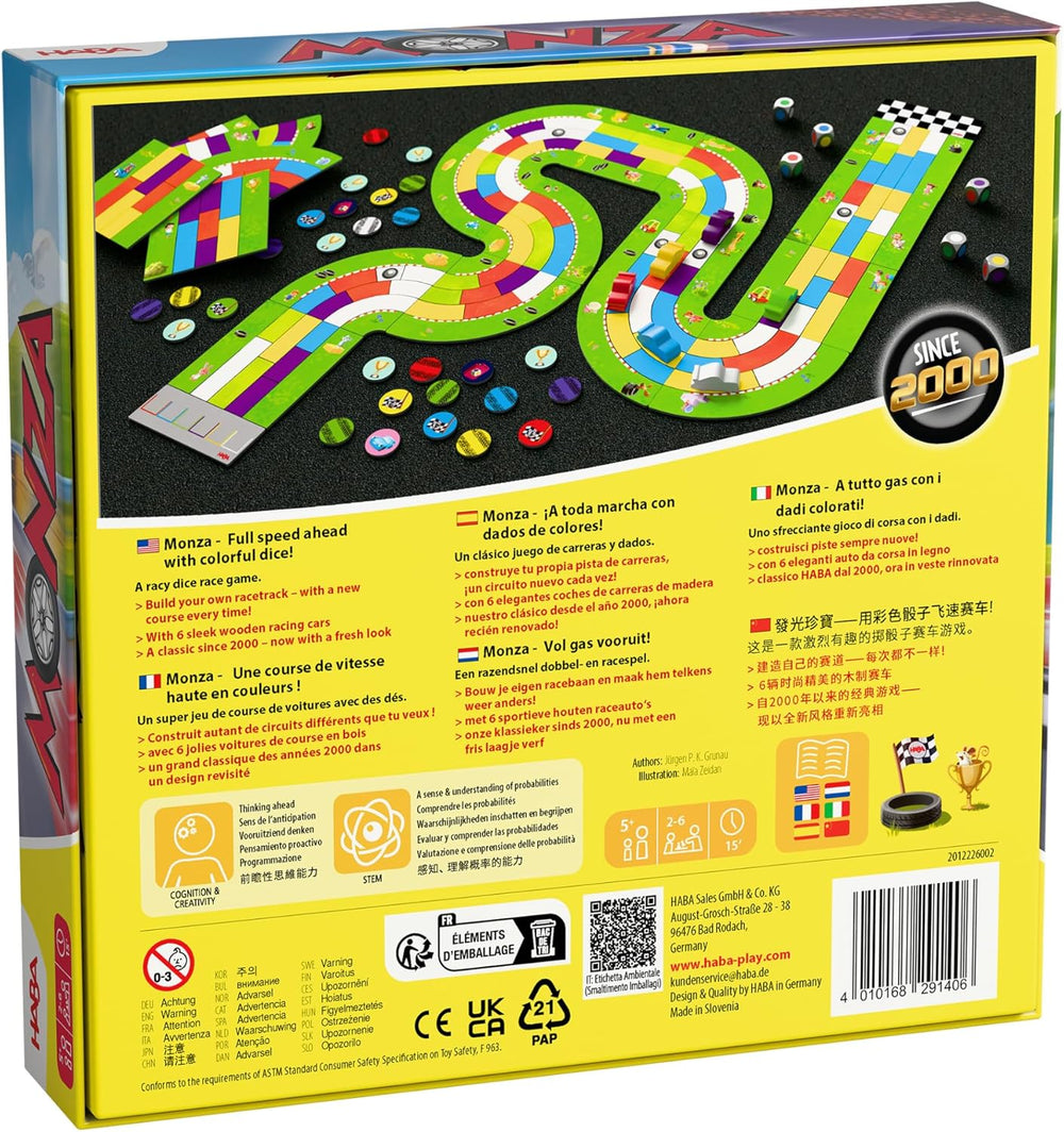 HABA Monza - Gyors társasjáték és autóverseny 5 év feletti gyerekeknek - 6 színes faautóval és színes kockával - 2012226001
