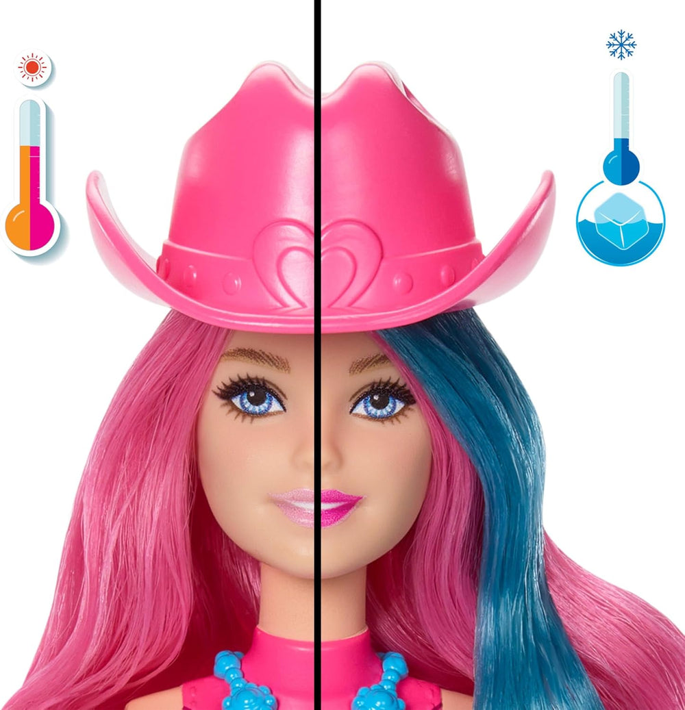 Păpușă Barbie Color Reveal și accesorii cu 6 surprize, serie Disco Star cu strălucire metalică și top care își schimbă culoarea (stilurile pot varia), JCP01, 32 cm