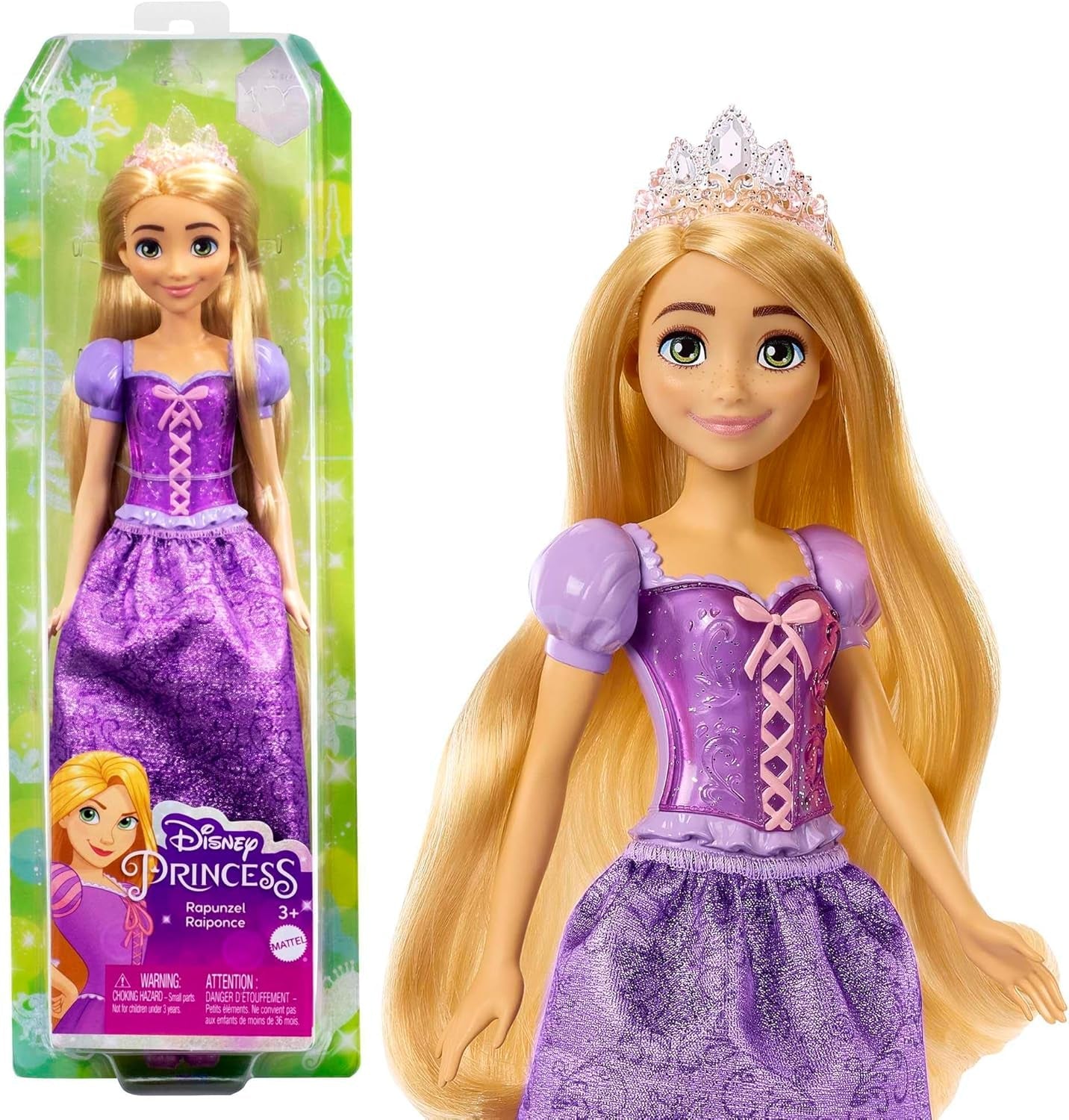 Mattel Disney Princess Rapunzel baba, Hosszú haj formázható, Mobil, Levehető cipők és tiara, Disney ajándékok, Játékok 3 éves kortól, HLW03 Naty Shop Rapunzel Dolls