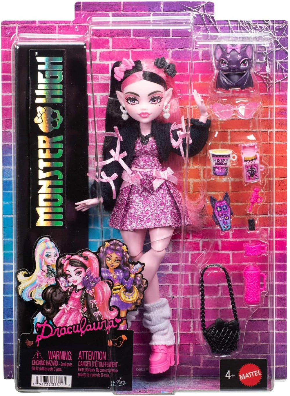 Monster High-Puppe, Draculaura mit rosa Kleid mit Schleifen und schwarzer Strickjacke, mit Fledermaus Count Fabulous und 7 Zubehörteilen wie Ramen, Lippenstift und Tasche, JHK29