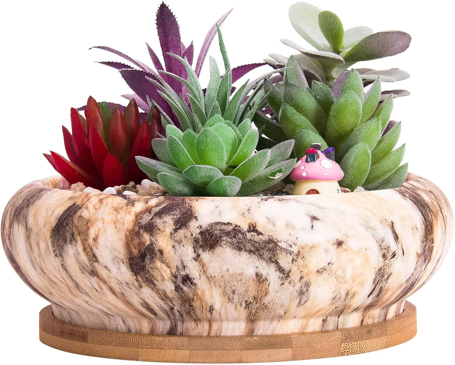 Ghivece mari pentru plante suculente cu farfurioare din bambus, jardiniere ceramice pentru cactus de 18,5 cm, ghivece rotunde pentru flori, recipiente pentru bonsai pentru grădină, birou, decorare birou