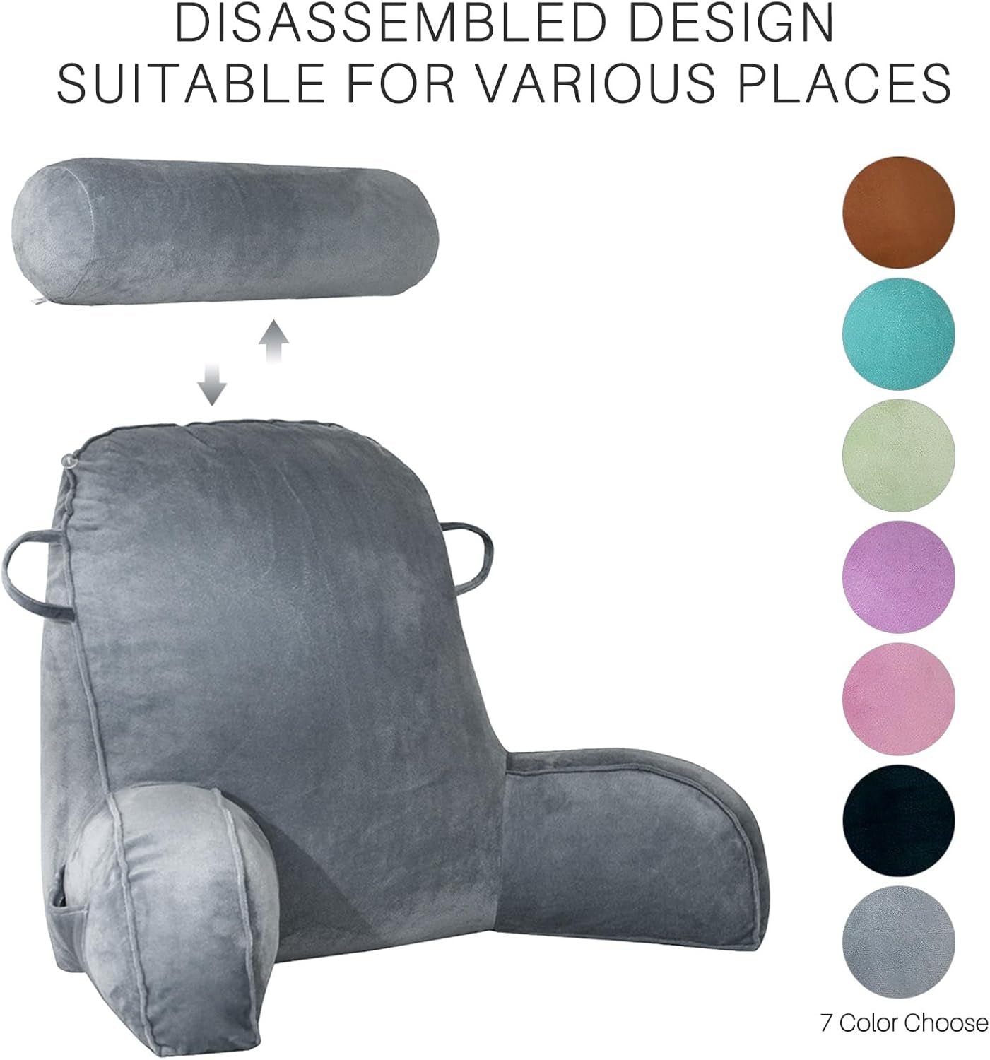 Pernă de citit XL pentru pat și canapea cu rolă detașabilă pentru gât, pernă ideală pentru spate pentru adulți cu spumă cu memorie pentru citit confortabil, lucru, joacă, vizionat la televizor, relaxare (gri)