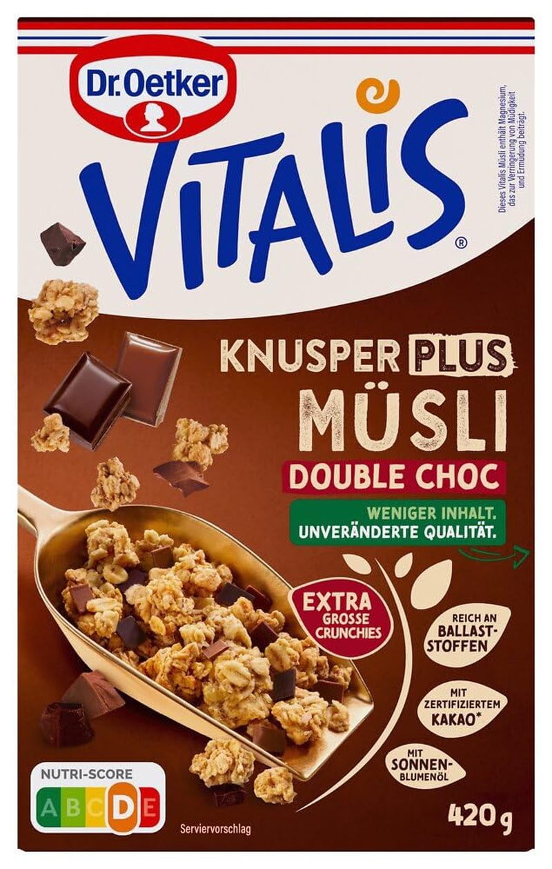 Dr. Oetker Vitalis KnusperPlus Dupla csokoládé: Ropogós müzli tejjel és étcsokoládéval, 7 db (7 x 450g) csomag