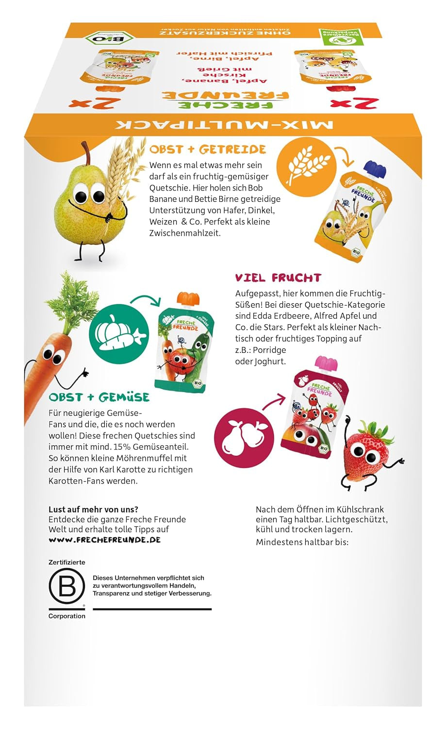 FRECHE FREUNDE Organic Mix gyűjtőcsomagolásban összenyomható tasakban - Gyümölcs + Gabonafélék, Gyümölcspüré gabonafélékkel kinyomható tasakban 6 hónapos kortól babáknak, vegán, 3, 3 x (4 x 100 g) kiszerelés