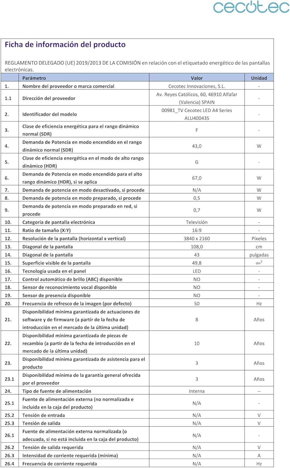 Televizor inteligent Cecotec - televizor LED de 43 de inci, rezoluție 4K UHD - seria A4 ALU40043S. Google TV, HDMI 2.1, USB 3.0, HDR10, 16 GB ROM, asistent vocal Google, Chromecast, Dolby Audio
