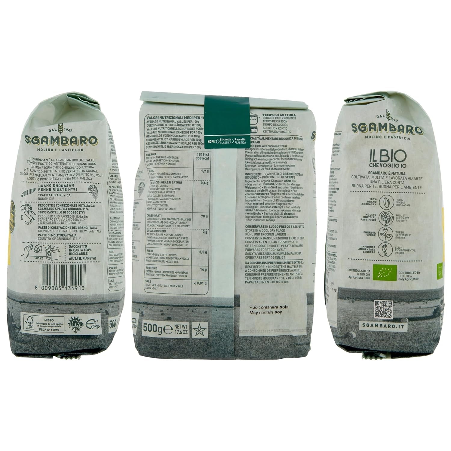 Bio Penne Rigate tészta N.91 - 500 g Khorasan búzából - Ősi búza, gazdag fehérjében, 100%-ban Olaszországban termesztett - Sokoldalú a konyhában és tápanyagokban gazdag