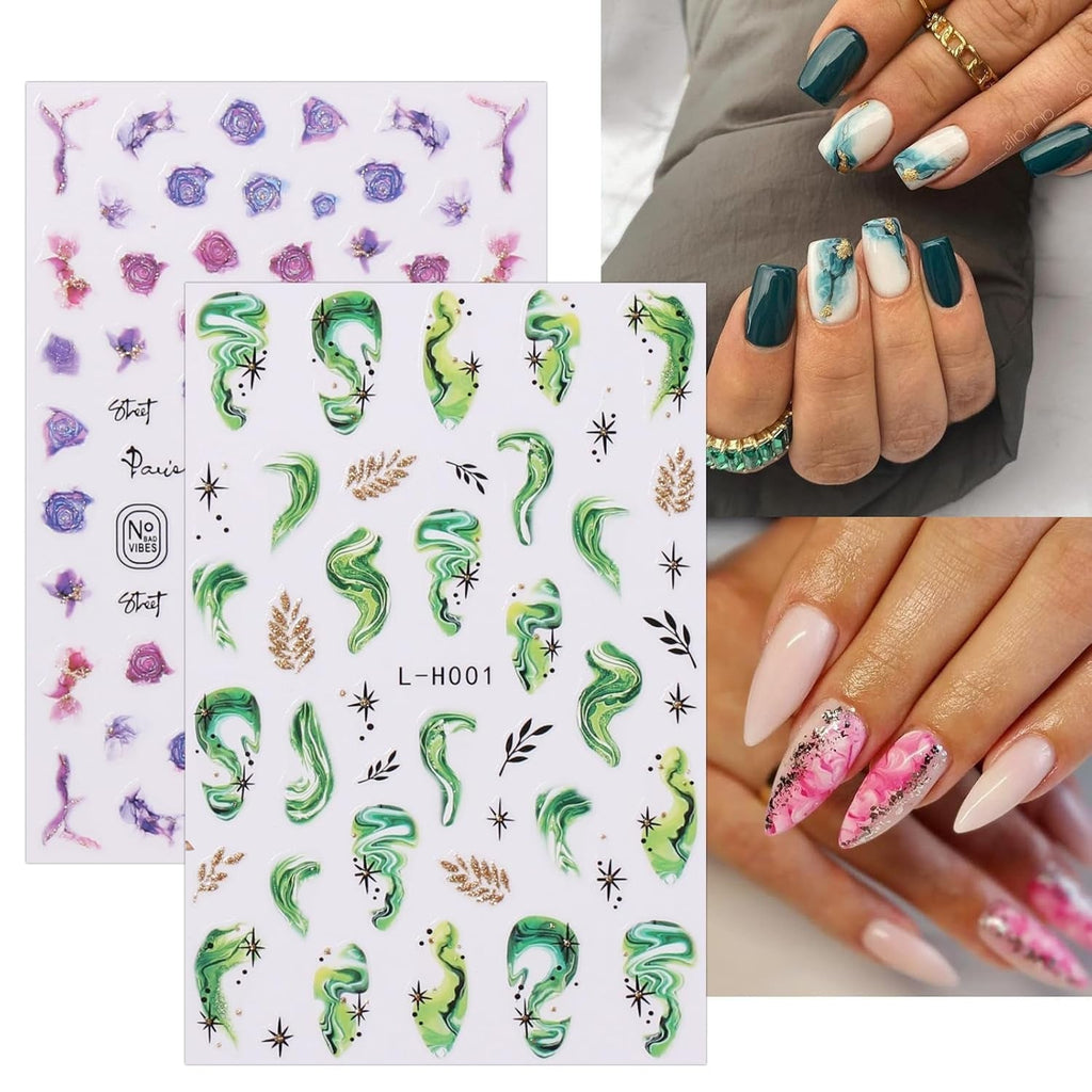 Jmeowio JMEOWIO Nagelsticker Marmor Französische Spitze 10 Blatt Nail Art Sticker Selbstklebend Nagelaufkleber Bunt Dekoration Nageldesign Zubehör