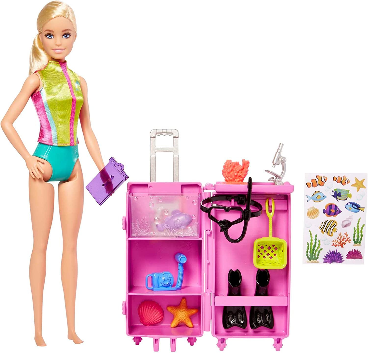 Barbie Seria You Can Be Anything, Biolog Marin, 1x Păpușă cu Păr Blond, Costum de baie, Delfin, Accesorii, Cadou pentru copii, Jucărie pentru vârste de 3 ani și peste, HMH26