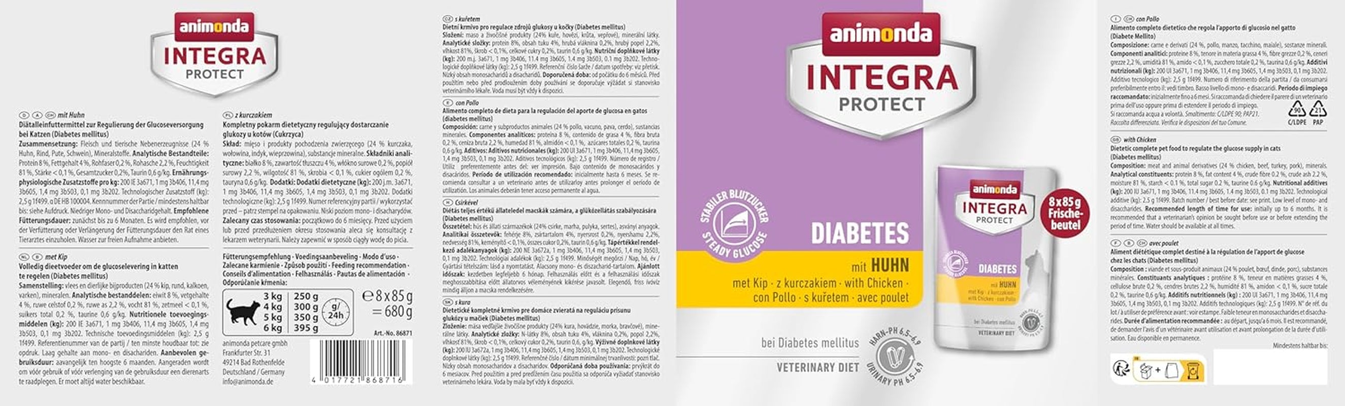 animonda INTEGRA PROTECT hrană umedă pentru pisici diabetice cu pui (8 x 85g), recomandată de medicii veterinari pentru diabet zaharat, hrană dietetică completă pentru pisici adulte, dezvoltată împreună cu medicii veterinari.