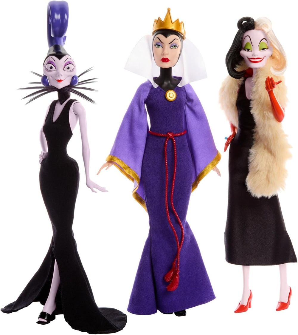 Mattel DISNEY Villains Böse Königin, Cruella de Vil & Yzma - Legendäre Schurkinnen Set mit detailsreiche Outfits & Accessoires, für Sammler & Kinder, ab 3 Jahren, HRF56