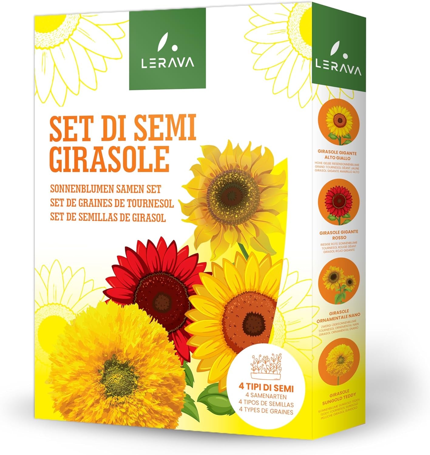 LERAVA® Sonnenblumen Samen Set (4 fajta) - Riesige gelbe & rote Sonnenblume - Zwerg und Sungold Teddy - Premium Sonnenblumensamen für Garten und Balkon - Blumensamen Geschenk für Hobbygärtner