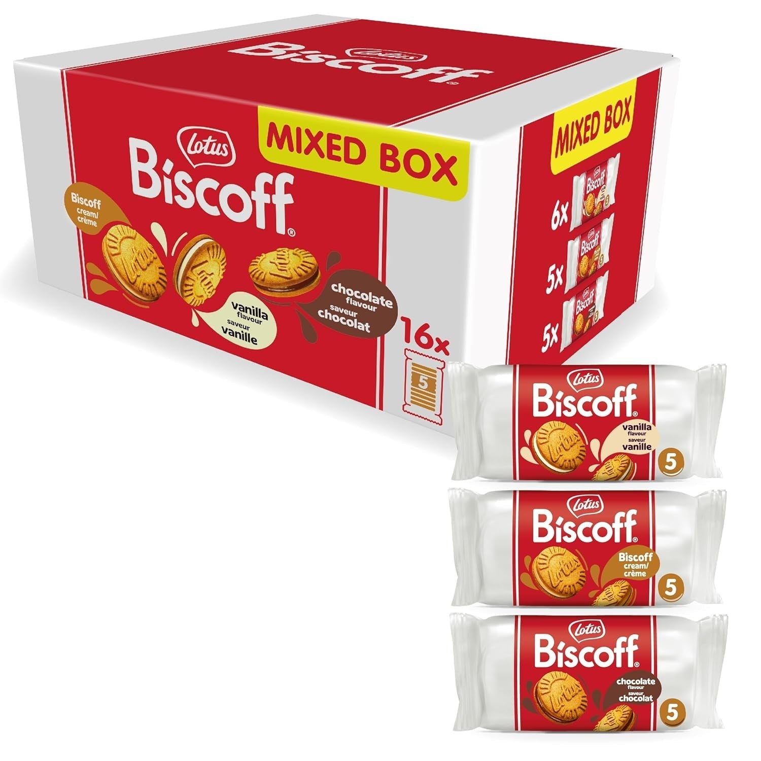 Lotus Biscoff | Pachet Variat de Biscuiți Dubli | 3 Varietăți: Cremă Biscoff, Vanilie și Aromă de Ciocolată | 5 Biscuiți Dubli per Pachet | Ingrediente de Origine Naturală | Fără Coloranți | 16 x 50g | 800g
