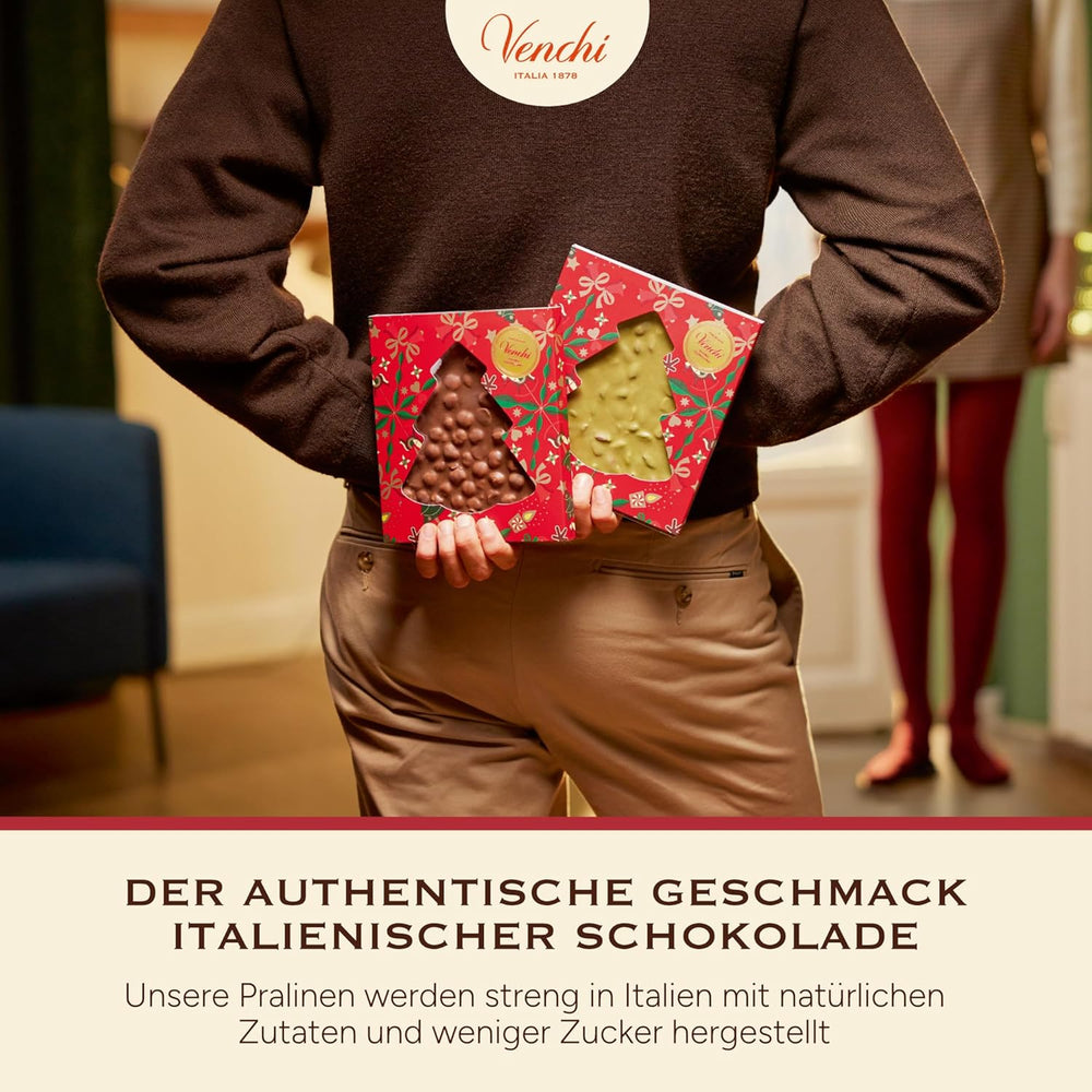 Venchi, Brutto&Buono, Kézzel készített "Piemont Erdei Mogyoró" Fenyőfa formájú tejcsokoládészelet, 200g, Gluténmentes, Limitált kiadású karácsonyi kollekció, ajándékötlet