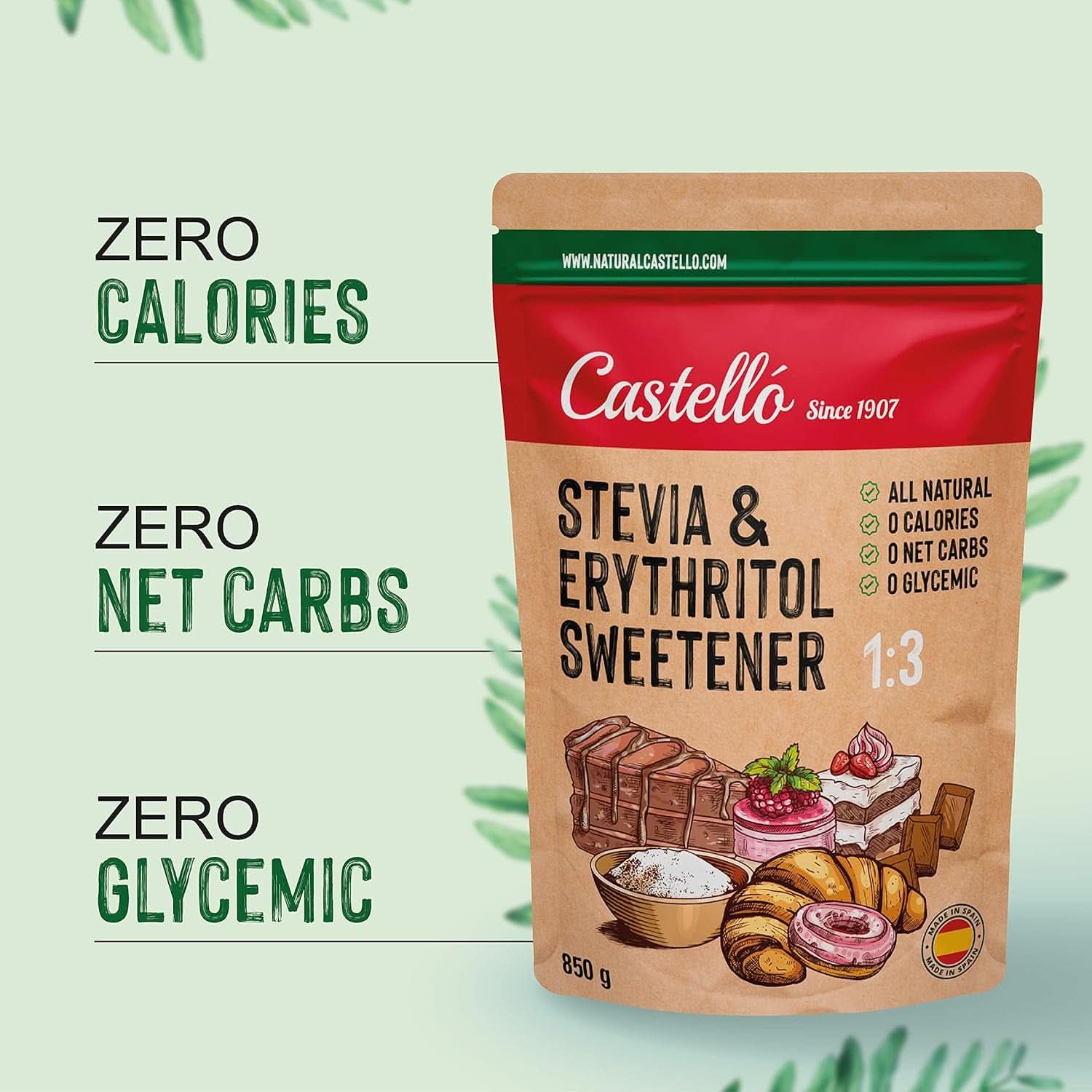 Stevia + Eritrit 1:3 édesítőszer, 1G = 3G cukor, 850 gramm édesítőszer Naty Shop