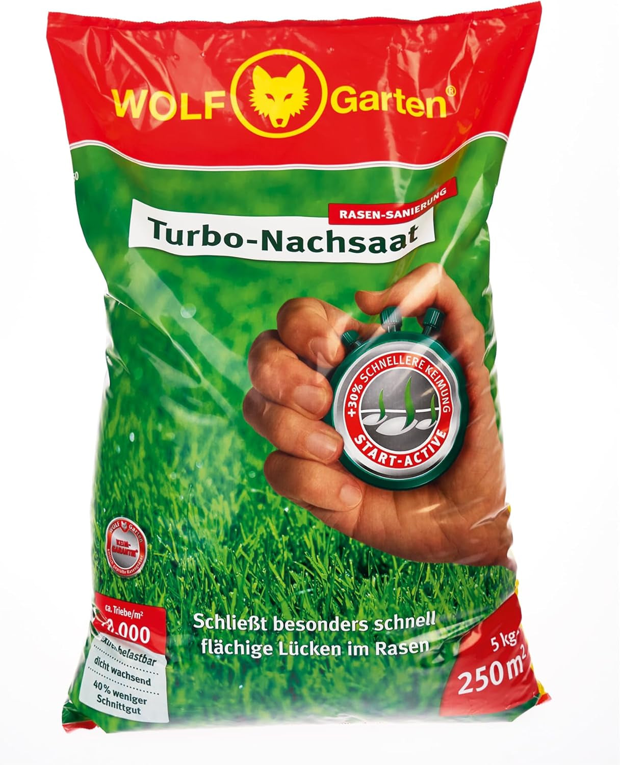 Wolf-Garten Turbo-Nachsaat Zur Rasensanierung LR50 (Für 50 M2, Hohe Dichte Mit Ca. 70.000 Trieben/M2, Für Alle Rasentypen Geeignet, Mit Wolf-Garten Keimgarantie, Im 1Kg Karton) 3826031