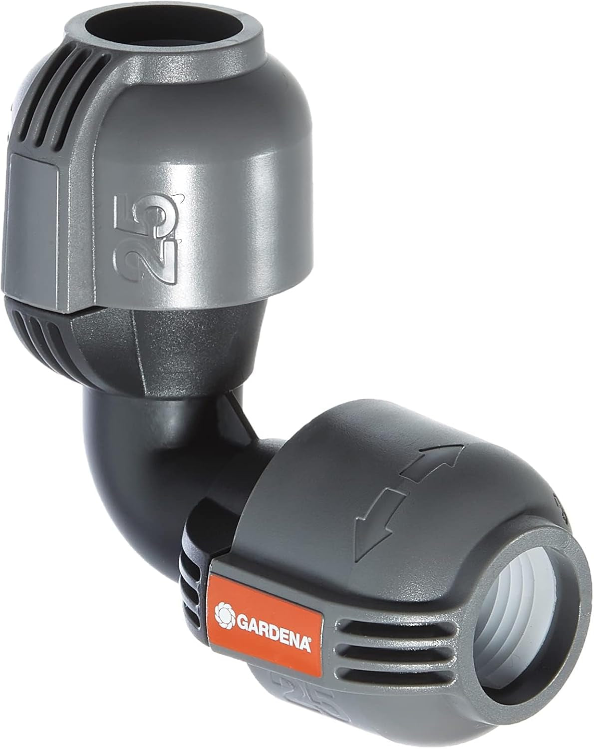 Sistem de irigații Gardena, piesă în L: Conector pentru schimbarea direcției conductei de alimentare, 25 mm, tehnologie de conectare Quick&Easy, compatibil cu conductele de alimentare Gardena de 25 mm, asamblare fără unelte (2773-20)