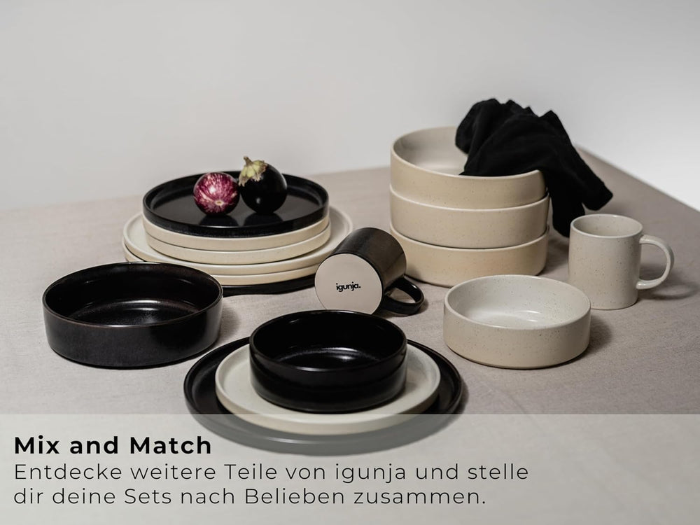 Set de veselă din gresie, set de bol și farfurii negre [12 piese pentru 4 persoane] Set de veselă neagră, 100% lucrat manual, cu glazură reactivă de calitate premium