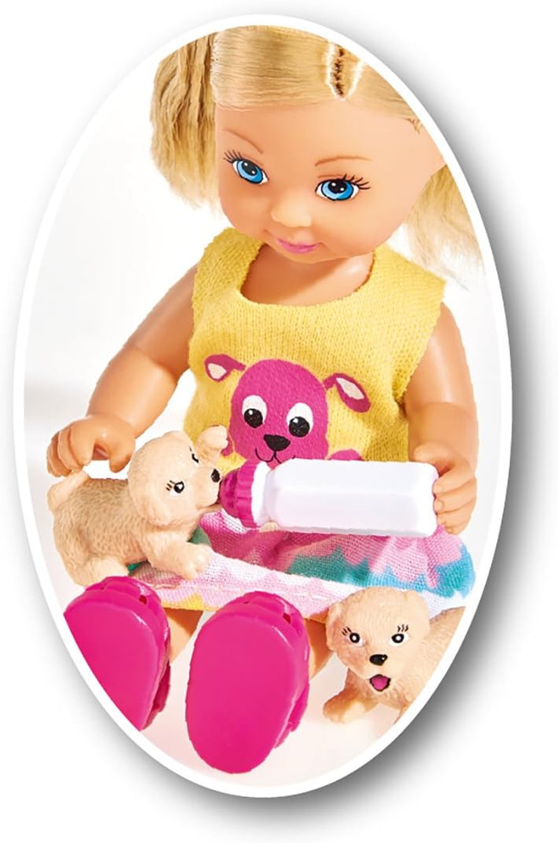 Simba 105733041 - Evi Love Puppy Love, mit DREI Babyhunden, mit Hundekorb und Zubehör, Ankleidepuppe, 12cm, für Kinder ab 3 Jahren