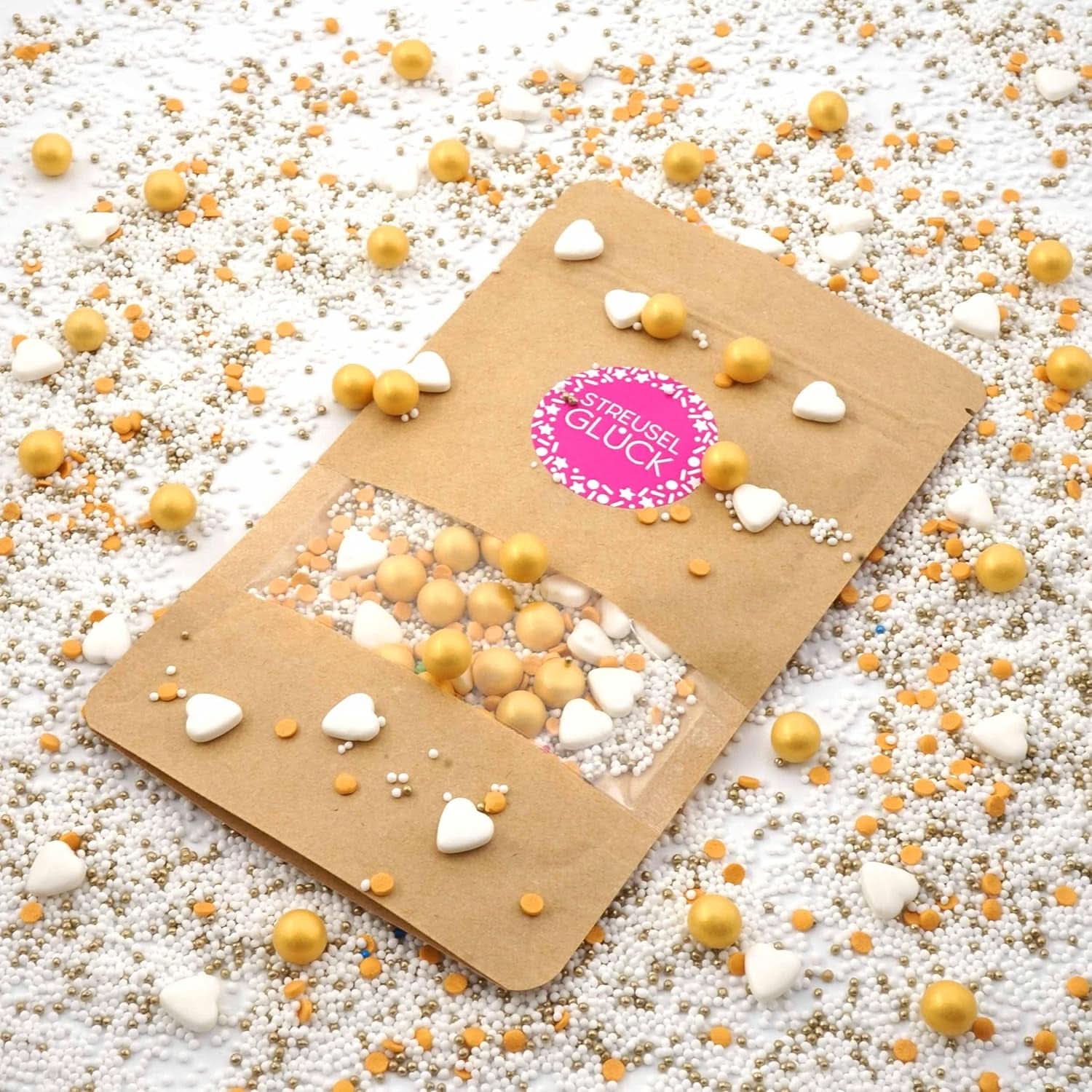 Streusel Glück, Sprickles fehér szívecskékkel és aranygolyókkal, 40 gramm Sprinkles Naty Shop