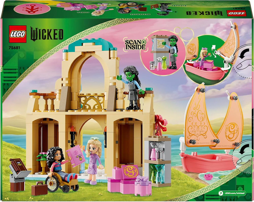 LEGO Wicked Glinda, Elphaba és Nessarose a Shiz Egyetemen vitorlás és 3 figurás játékhajó ajándék lányoknak és fiúknak 7 éves babaház szerelmeseinek 75681 építőkészlet Besuche den LEGO-Store