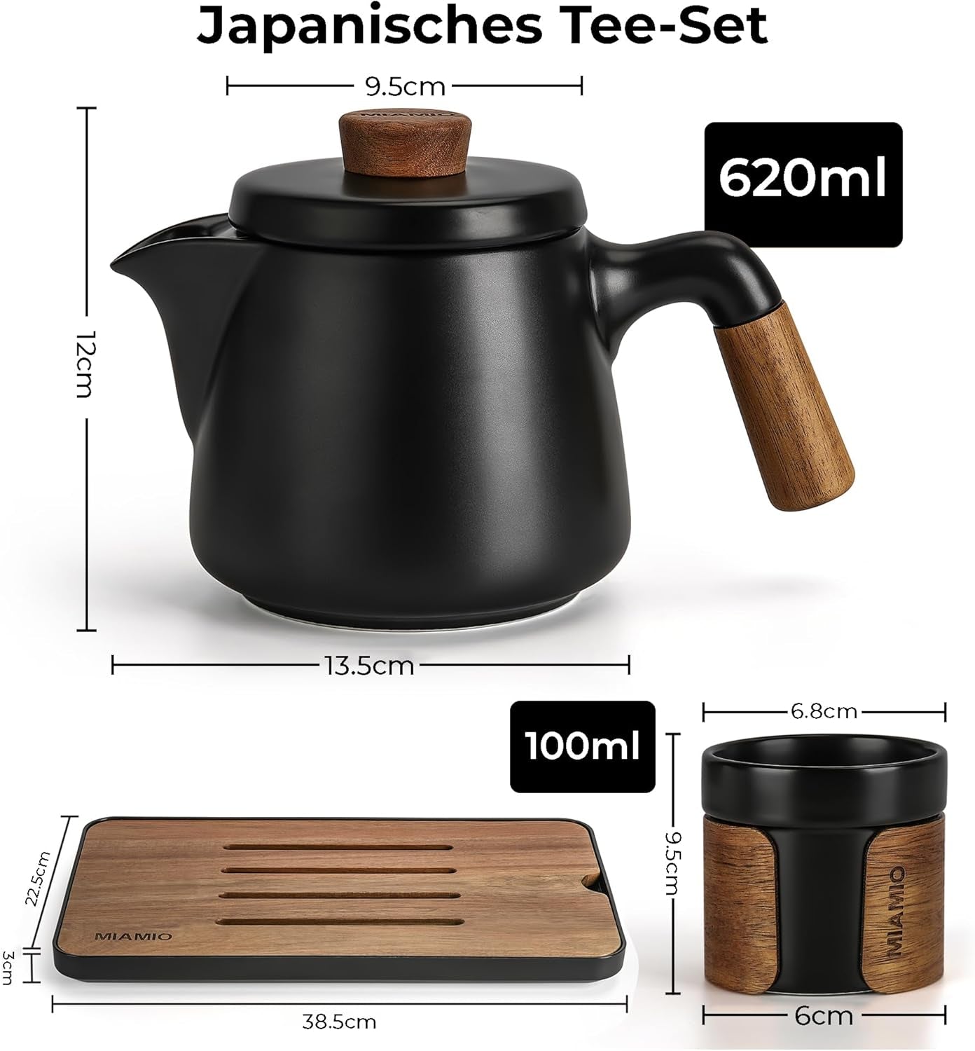 MIAMIO - Set de ceai japonez/chinezesc 6 x 100 ml / Ceainic asiatic 620 ml cu infuzor de ceai, Set tradițional japonez de ceainic pentru iubitorii de ceai/bărbați/femei (negru)
