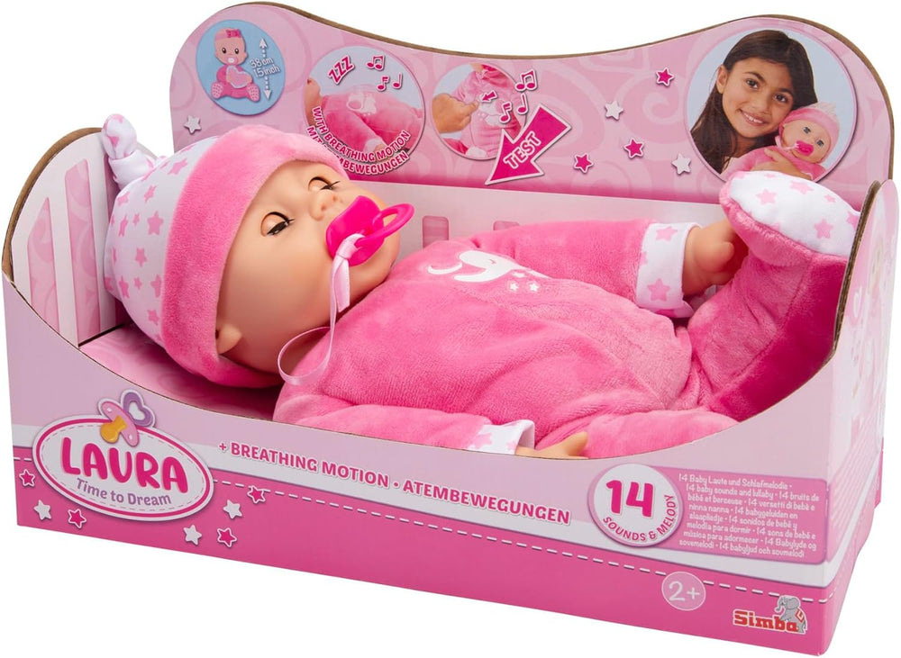 Simba 105140501 Laura Puppe Schlummerzeit (38 cm) - Weichkörper-Babypuppe mit Atembewegungen, Schlafaugen & 14 Geräuschen - Kinder-Spielzeug für Mädchen und Jungen ab 1,5 Jahre