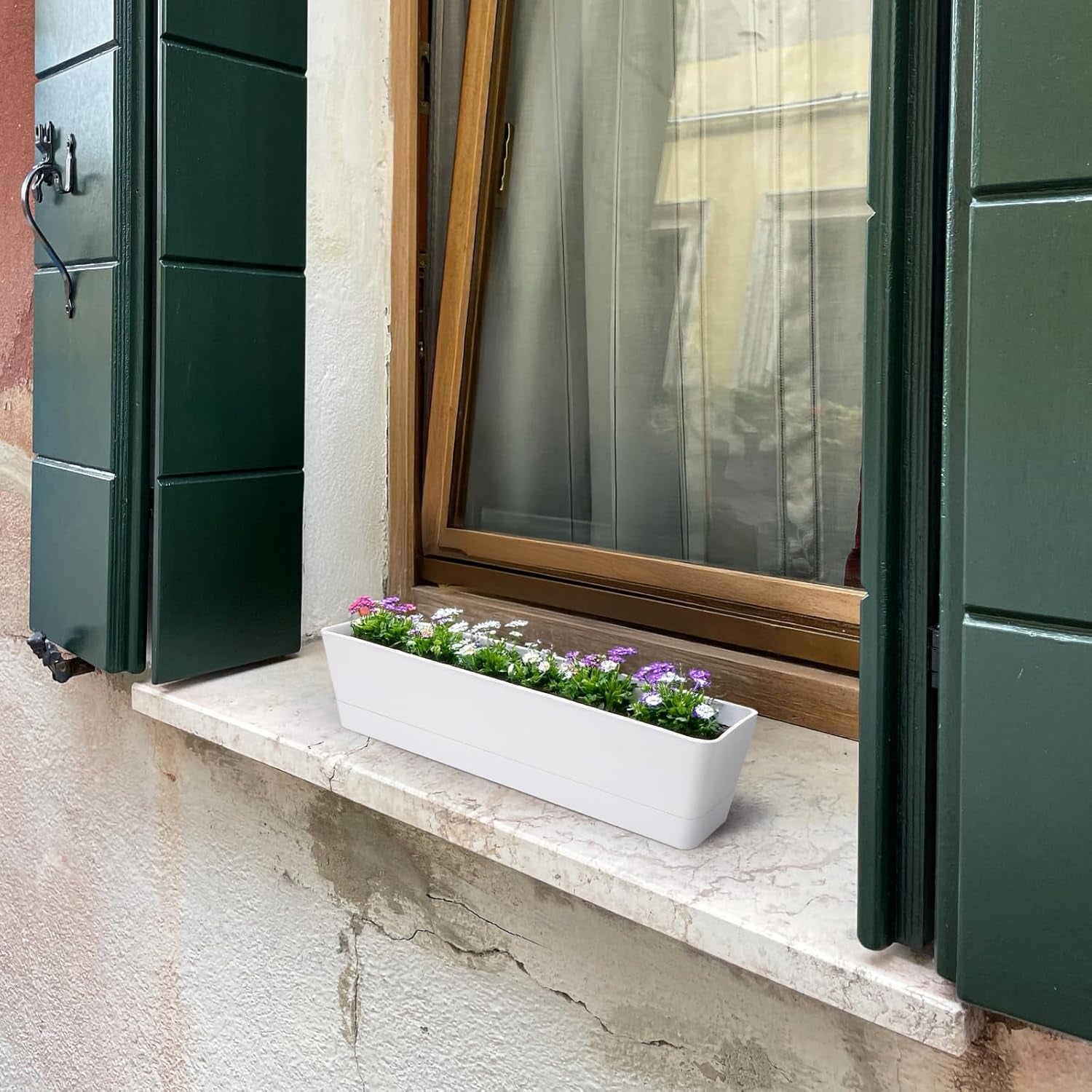 Set de 3 ghivece dreptunghiulare (40,6 × 9,7 cm) cu farfurioare – ghivece albe din plastic pentru ierburi, flori, legume – pentru balcon, grădină, pervaz, interior și exterior