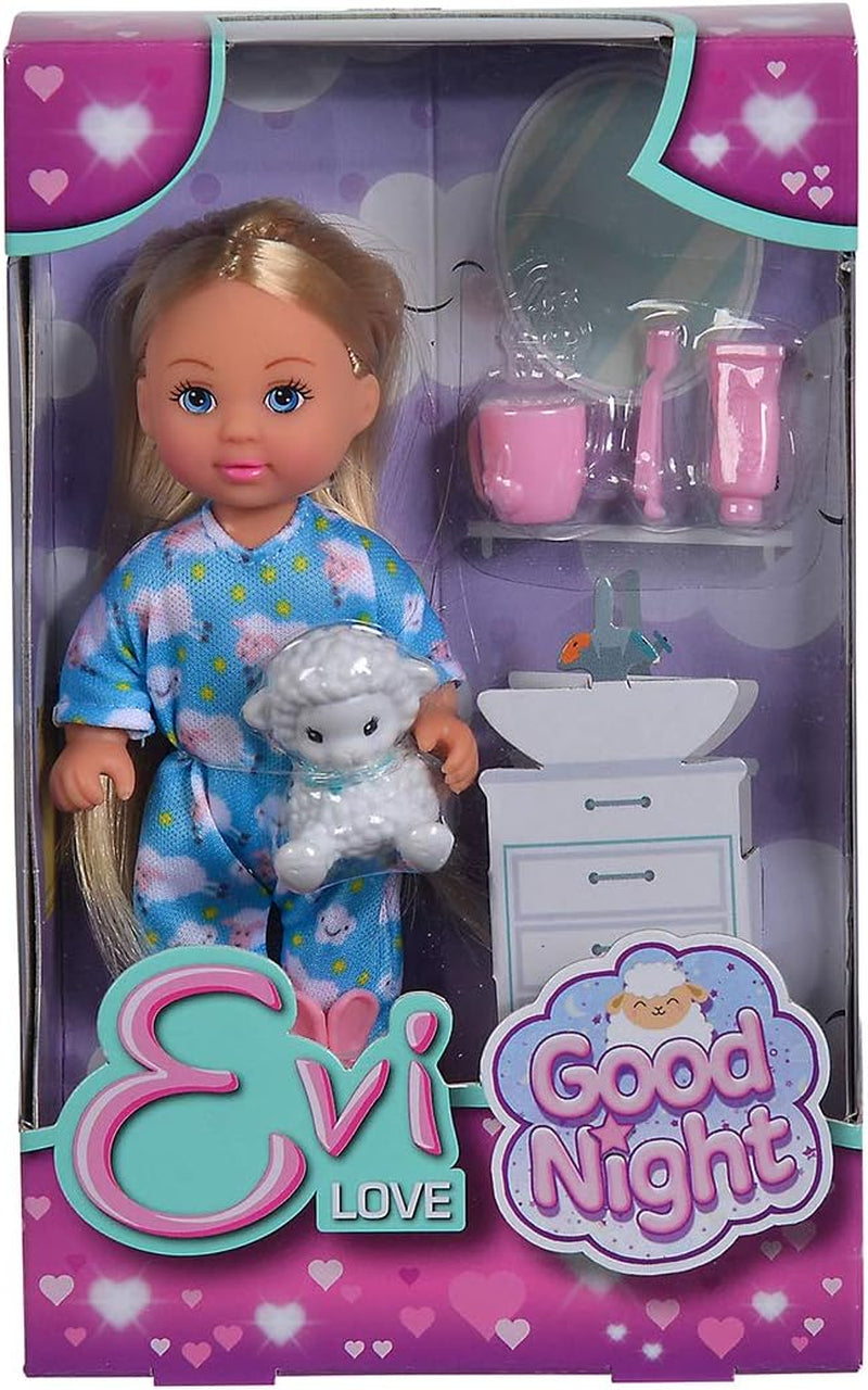 Simba 105733406 - Evi Love Good Night, Spielpuppe im süssen Schlafanzug mit Cuscheltier und Zahntzzubehör, 12 cm, ab 3 év