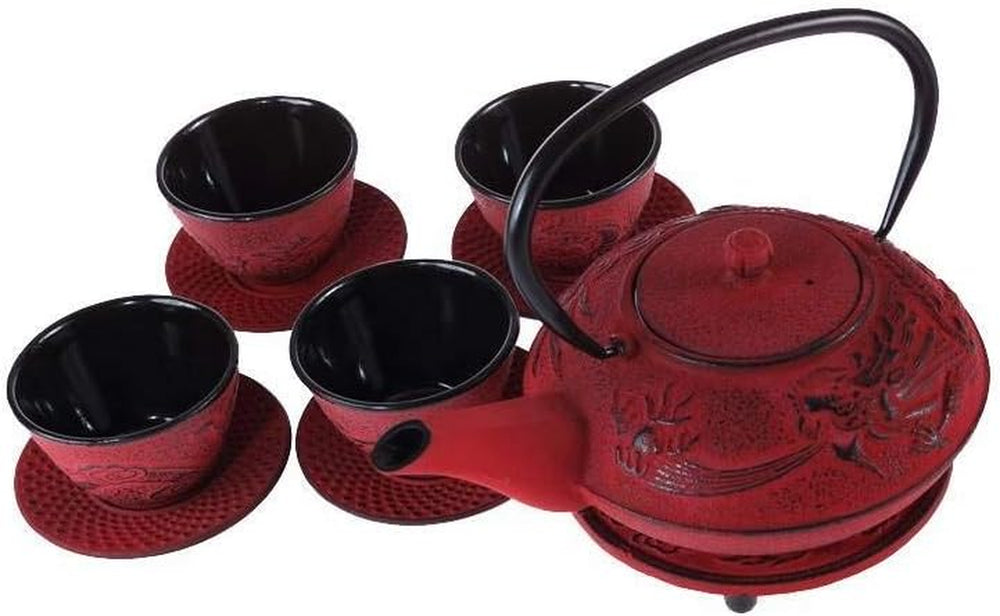 – Set de ceai Dragon Chinezesc – 1 ceainic, 4 cești din fontă și strecurătoare pentru ceai – Capacitate 0,8 l – Decor Japonez Asiatic – Idee de cadou pentru veselă japoneză – Culoare Roșu