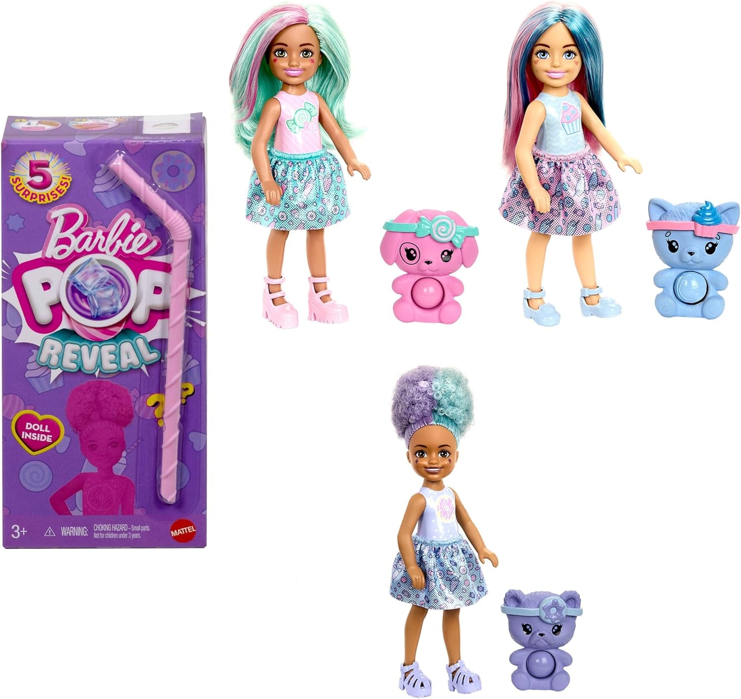 Barbie Pop Reveal Serie Set aus Modepuppe und Zubehör, Treat-Serie, Cool Cupcake Design mit Haustier, 8 Überraschungen inklusive Farbwechsel, JFY61