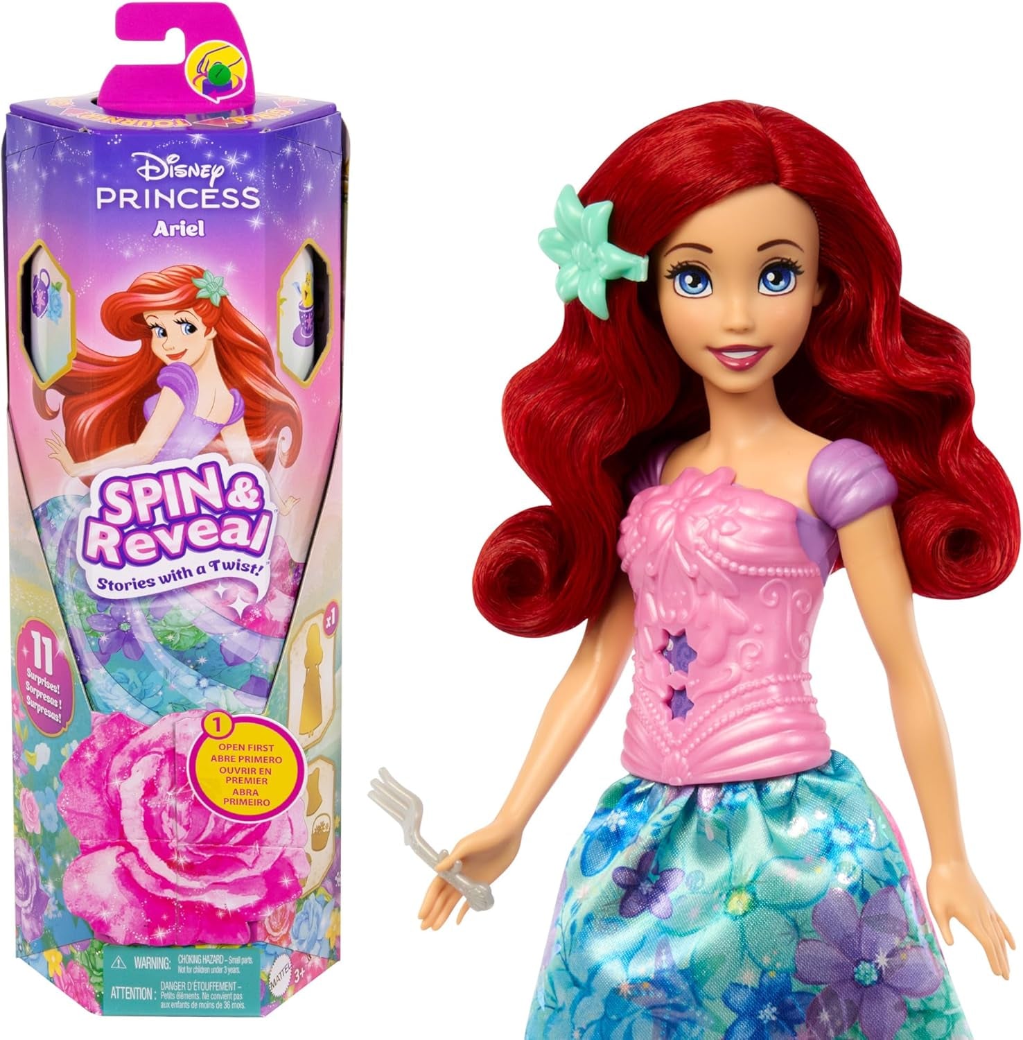 Set de păpușă la modă Mattel Disney Princess Ariel, Spin & Reveal, cu 11 surprize, inclusiv 5 accesorii, 5 stickere și o scenă de joacă, inspirată de filmul HTV88