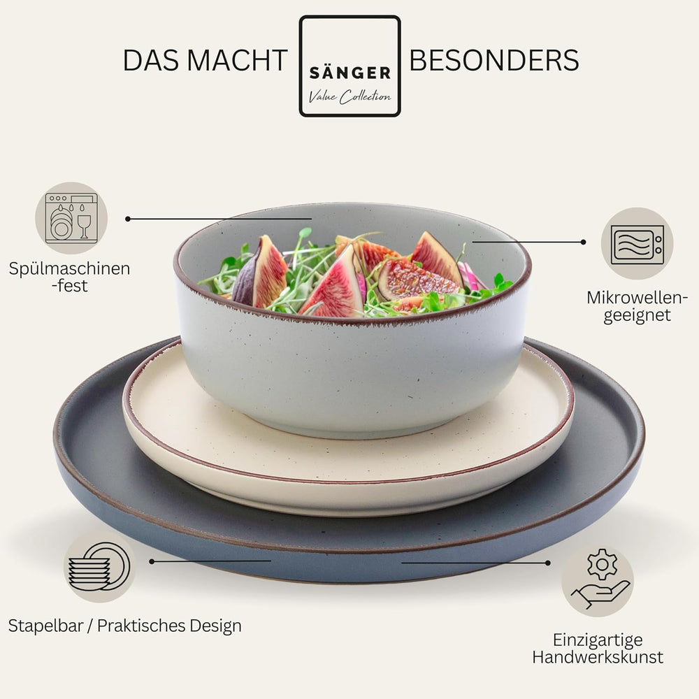 SÄNGER Bombay Moonlight | Set de veselă cu 12 piese, ceramică pentru 4 persoane, 4 farfurii de cină, 4 farfurii de desert, 4 boluri, culori asortate | COLECȚIA VALUE