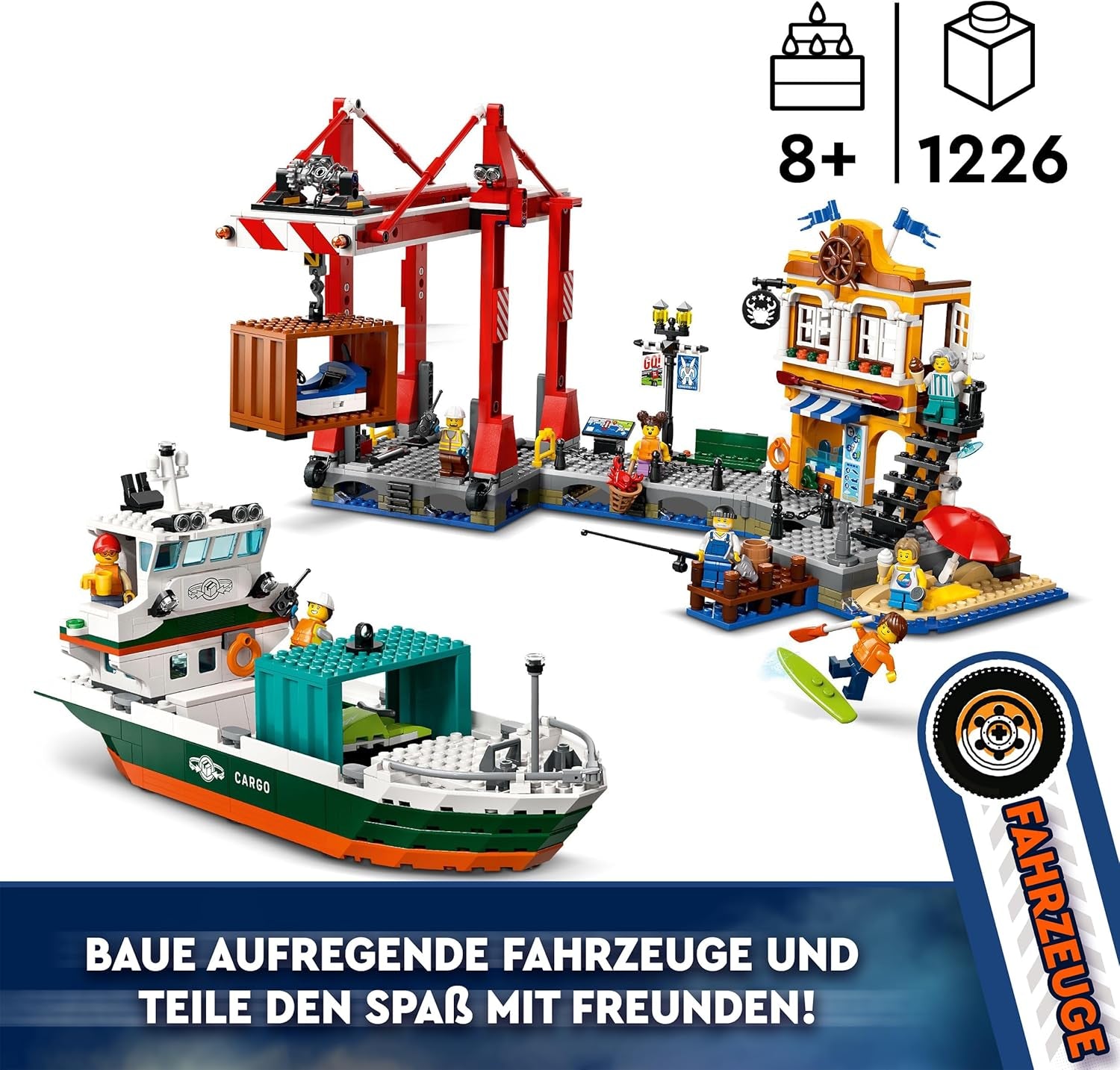 LEGO City kikötő teherhajóval, építőjátékkal fiúknak és lányoknak 8 éves kortól, ajándékötlet gyerekeknek, konténerdaru, játékhajó és 8 minifigura 60422 Építőkészlet Besuche den LEGO-Store