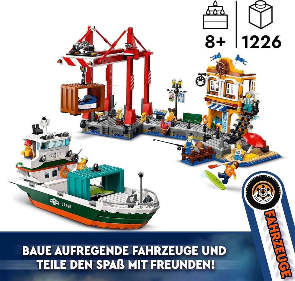 LEGO City kikötő teherhajóval, építőjátékkal fiúknak és lányoknak 8 éves kortól, ajándékötlet gyerekeknek, konténerdaru, játékhajó és 8 minifigura 60422 Építőkészlet Besuche den LEGO-Store