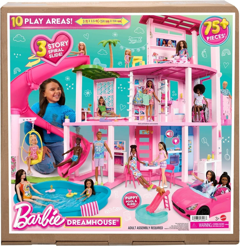 Barbie Dream Villa, casă Barbie cu 3 etaje cu 10 zone de joacă, inclusiv piscină, tobogan, lift, 75 de accesorii pentru păpuși, cățeluș de jucărie, jucărie pentru copii cu vârsta de peste 3 ani, HMX10 Casute de papusi Naty Shop