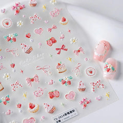 JMEOWIO 3D Nagelsticker Rosa Nail Art Sticker Selbstklebend Nagelaufkleber 5D Stereoskopisch Kuchen Erdbeerschleife Dekoration Nageldesign Zubehör 1 Blatt