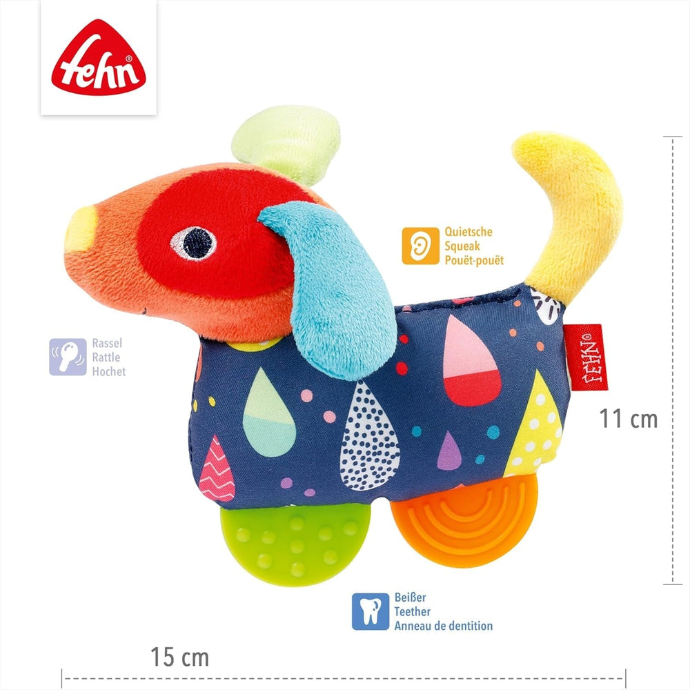 Fehn 055283 Jucărie de prindere câine cu teether COLOR Friends - Jucărie pentru copii cu clopoțel, squeaker și teether moale pentru bebeluși și copii mici de la 0+ luni - Dimensiune: 16 cm Jucarii Bebe Naty Shop