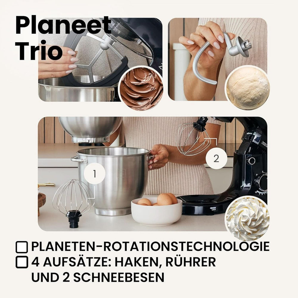 ZEEGMA PLANEET TRIO Planetenroboter, 1500 W, Multifunkcionális Küchenmaschine Mit 3 Schüsseln 4 L, 4,5 L és 5,2 L, 10 Betriebsgeschwindigkeiten, Mixer Mit Haken, Schneebesen (Schwarz) Mother and Child Naty Shop