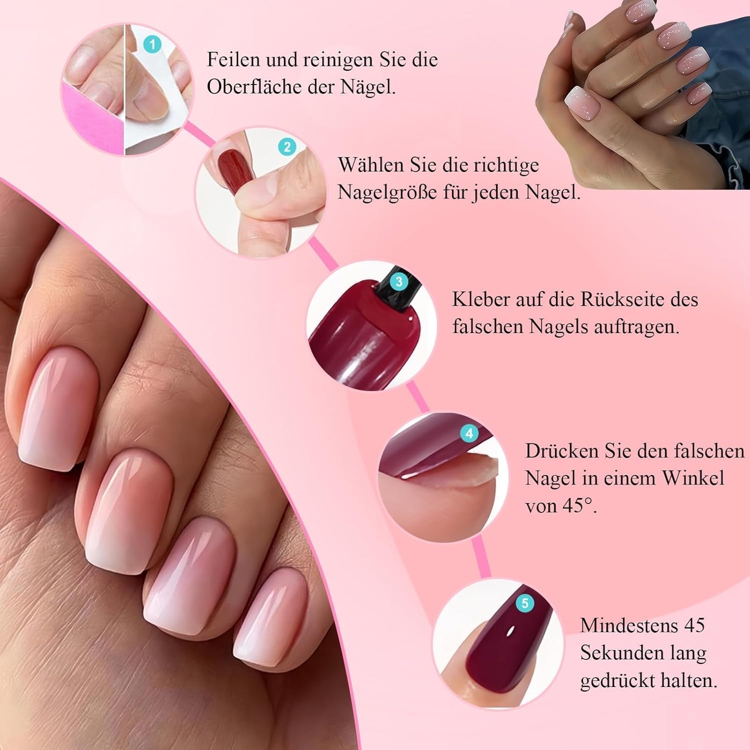 Kit unghii false 360 piese - Unghii artificiale scurte, nud, roz, alb, gradient - Unghii artificiale pătrate pentru lipit - Unghii autoadezive cu acoperire completă, lucioase, pentru femei și fete (pătrat)