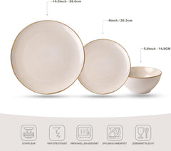 Set de veselă Tempus Series, Set de veselă pentru 6 persoane, Set de veselă din gresie, Set de farfurii cu 18 piese, Glazură reactivă, Potrivit pentru cuptorul cu microunde și mașina de spălat vase, Alb antic