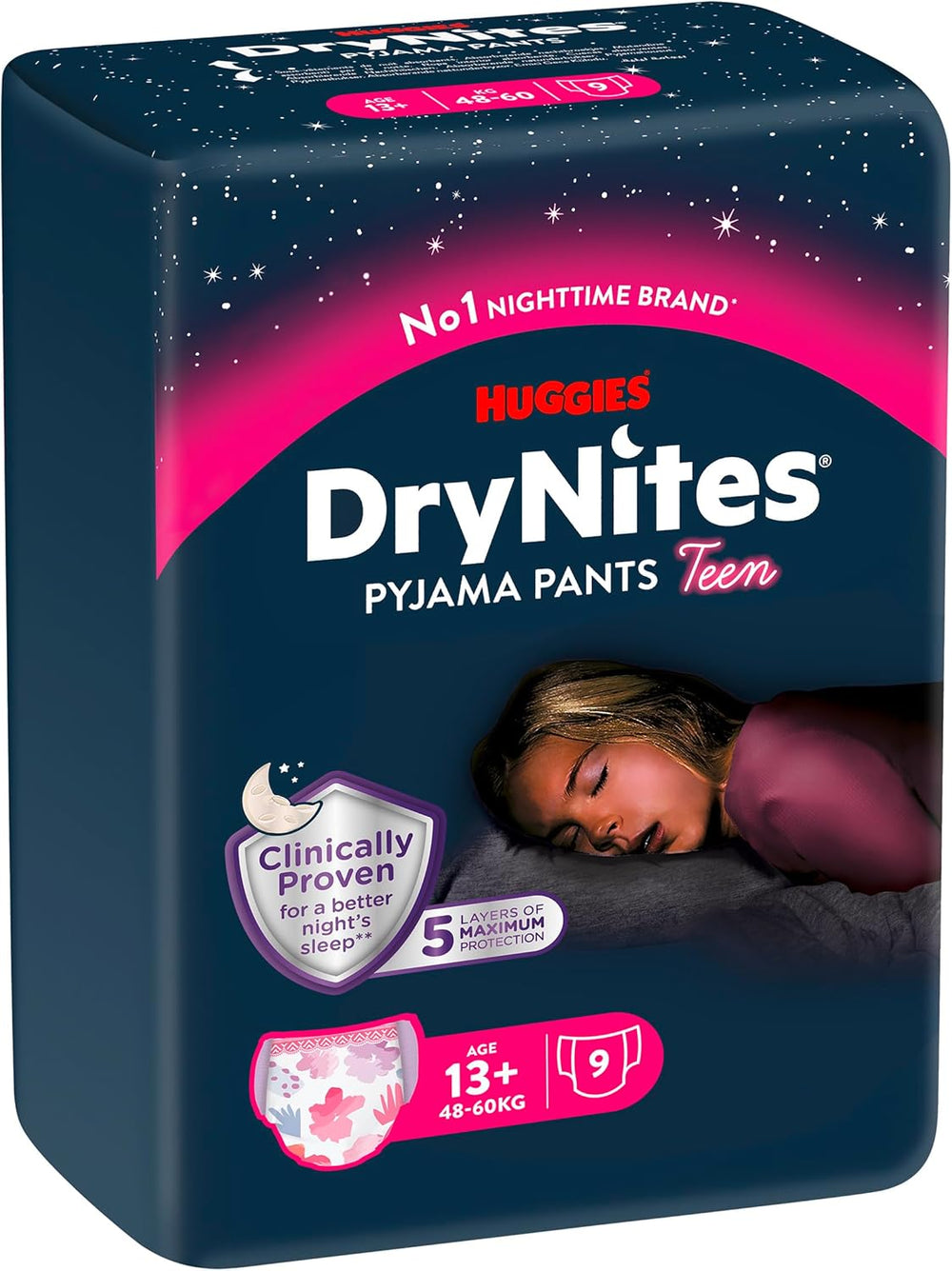 Huggies DryNites éjszakai ágybavizes pelenkák lányoknak 13-kb. 17 éves korig (48-60 kg) 27 darab (3x9) havi csomagban bugyi pelenkák