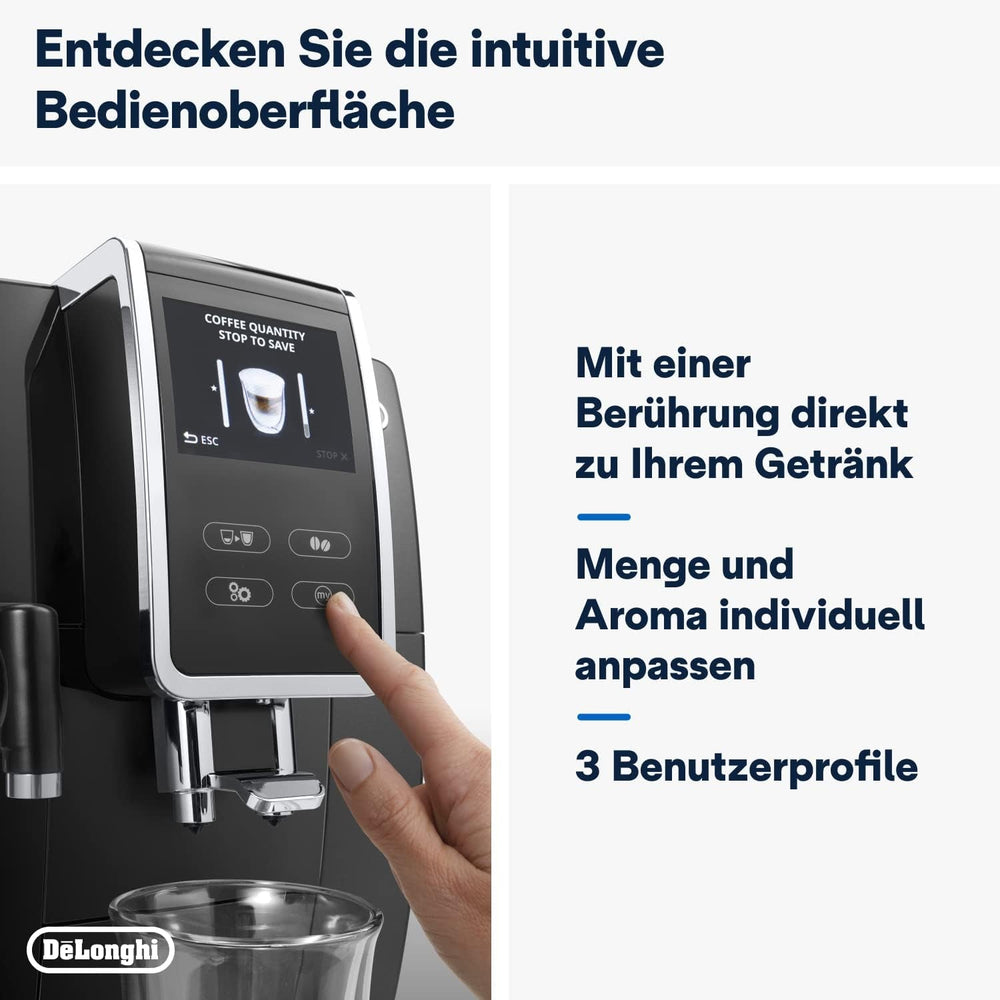 De'Longhi Dinamica Plus ECAM 370.70.B Espressor complet automat cu sistem LatteCrema Milk, Cappuccino și Espresso, ecran tactil color TFT de 3,5 inci și control prin aplicație, funcție cafetieră, negru