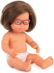 Miniland europäisches Mädchen 38cm mit Down-syndrom, mit Brille, ohne Unterwäsche 31110 Weiß