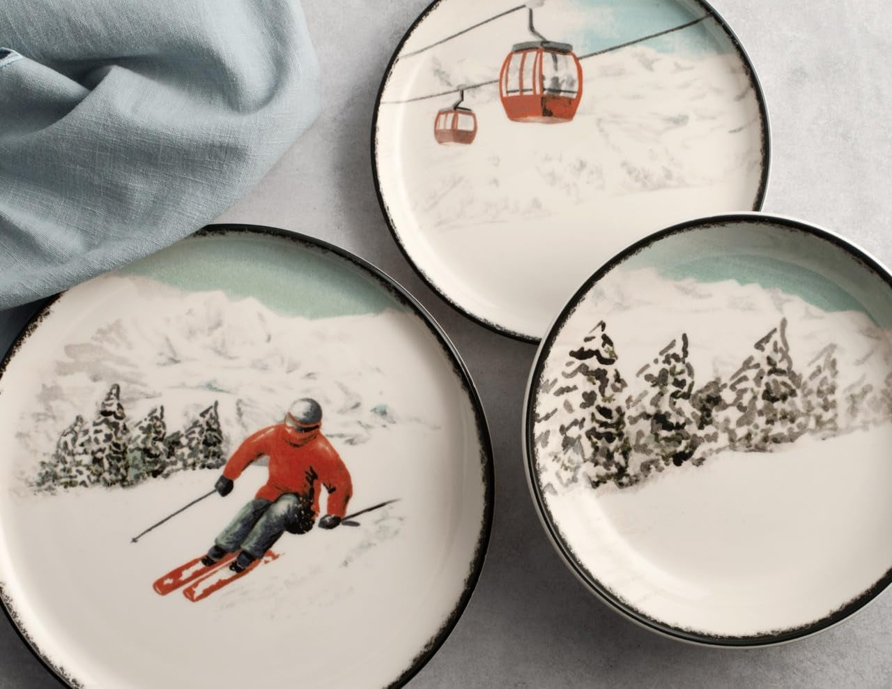 Set de veselă de Crăciun „Winter Escape” din gresie, format din 12 piese – Design nordic de iarnă cu motiv schior – Potrivit pentru mașina de spălat vase și cuptorul cu microunde