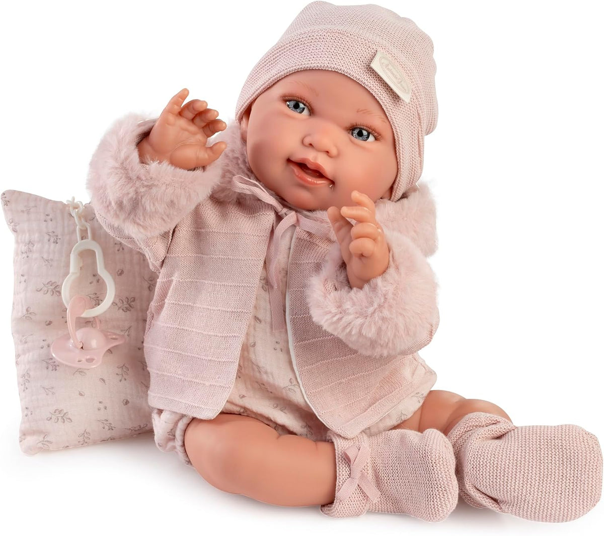Antonio Juan Puppen für Neugeborne, Winterpfeife, valósághű Babypuppe, 42 cm, rózsaszín ruhákkal, cumival és párnával