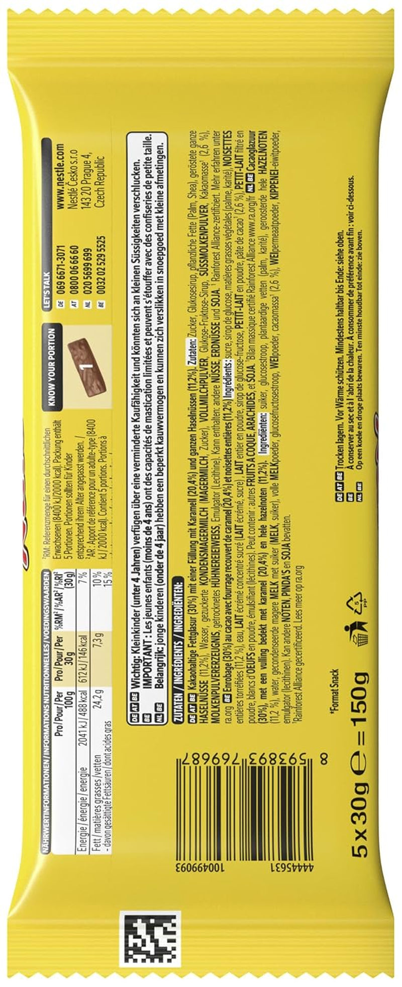 Nestlé NUTS, mogyorós csokoládészeletek karamell töltelékkel, egész mogyoróval és ízletes cukorkakrémmel, tejcsokoládéval bevonva, 1 csomag (5 x 30 g)