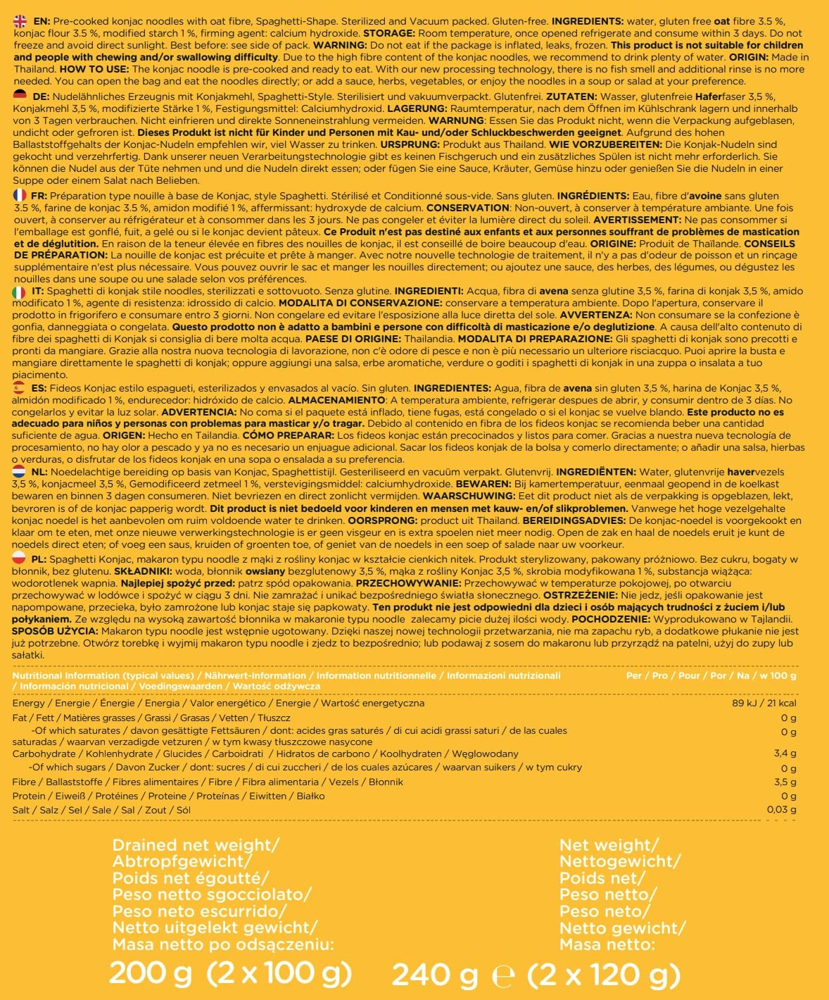 Prémium konjac tészta Thaiföldről, vegán, gluténmentes - 240 g x 6-os csomag (12 csomag), Elf-Family Shirataki tészta, instant tészta, tészta/keto/alacsony szénhidráttartalmú/alacsony kalóriatartalmú/cukormentes - spagetti és fettuccine